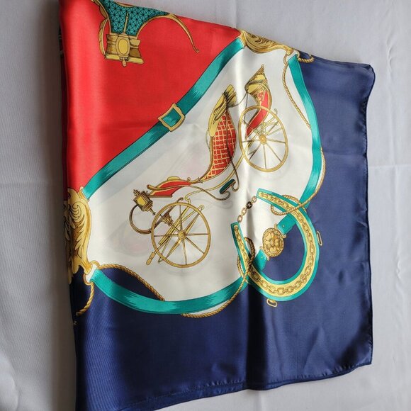 Vintage Equestrian Horse Carriage Blue Red & Gold 100% Silk Scarf - Picture 6 of 13